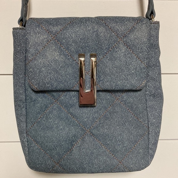 Vince Camuto Doty Quilted Leather Washed Denim Crossbody - Picture 1 of 13